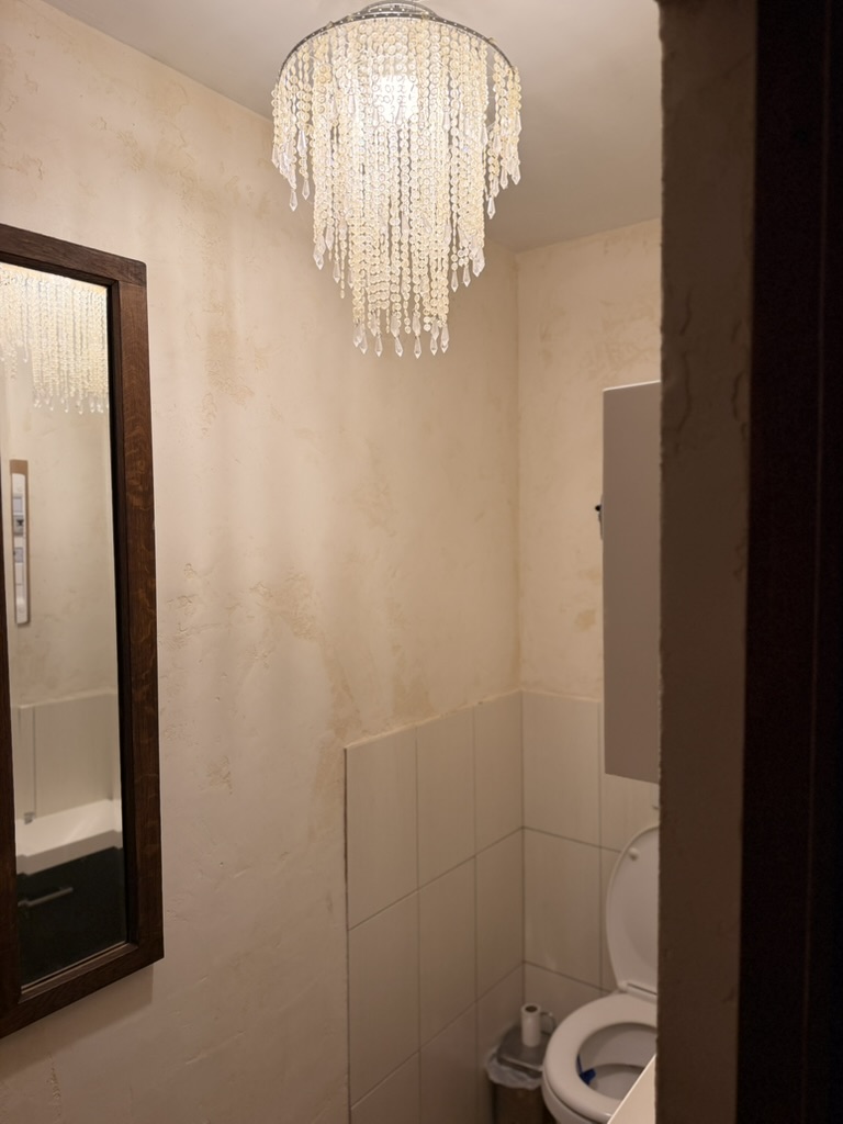 Bathroom with crystal light fixture and framed mirror